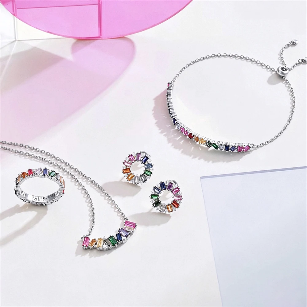 4Pcs Jewelry Set Women Rainbow Baguette Cut CZ Sterling Silver 925 Hollow Ring Earrings Bracelet Necklace Wedding Birthday Gift