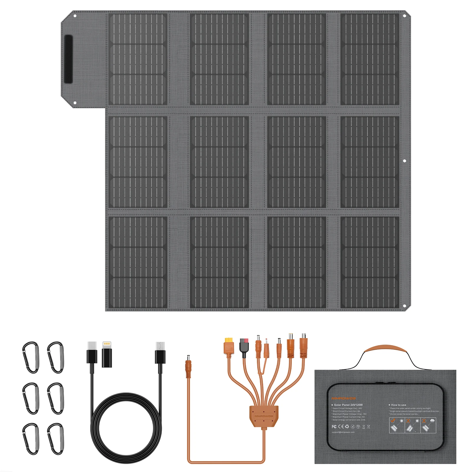 MHPOWOS 120W/80W/40W faltbares Solarpanel, USB-C/USB-A/DC-Ausgang, Solarladegerät für Mobiltelefone, wasserdichte Powerbank für Camping im Freien