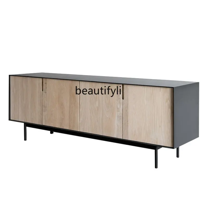 

Italian Minimalist Solid Wood TV Cabinet Wood Color Nordic Modern Living Room Aluminum Alloy High TV Stand furniture