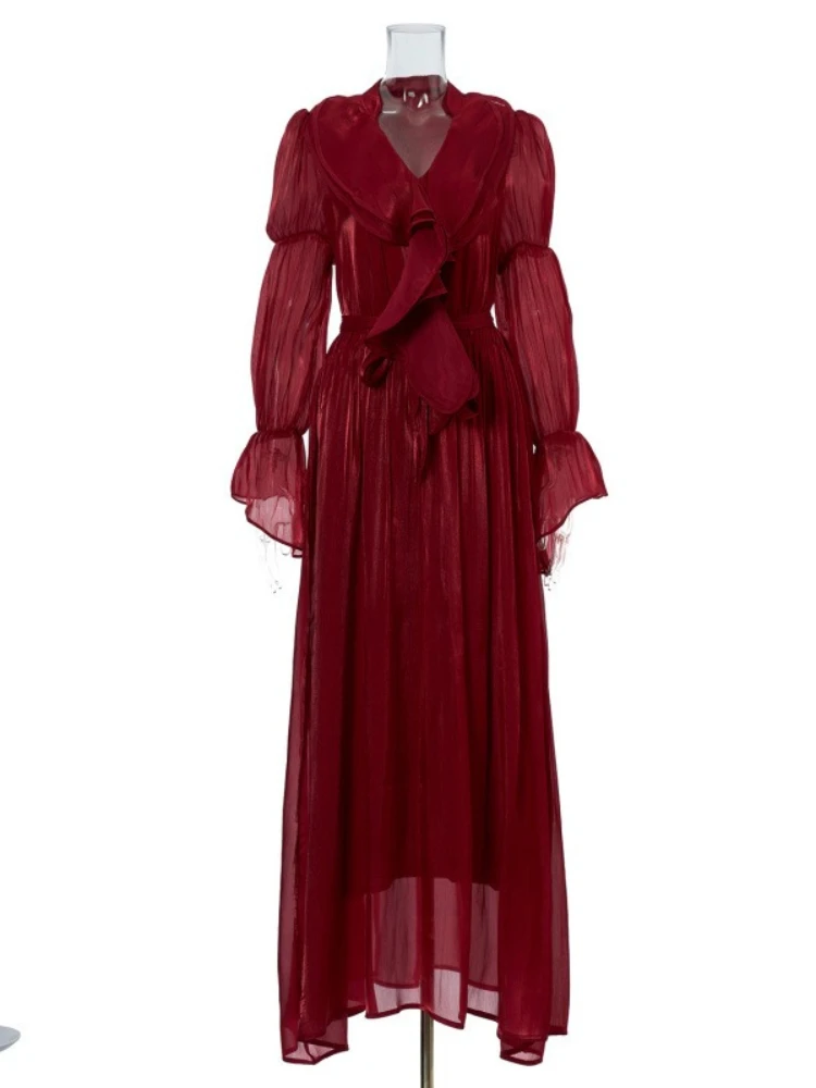 New French Style Lotus Leaf Long Dress with A Fashionable and High-end Feel V-neck Cinched Waist and Flared Sleeve Dress