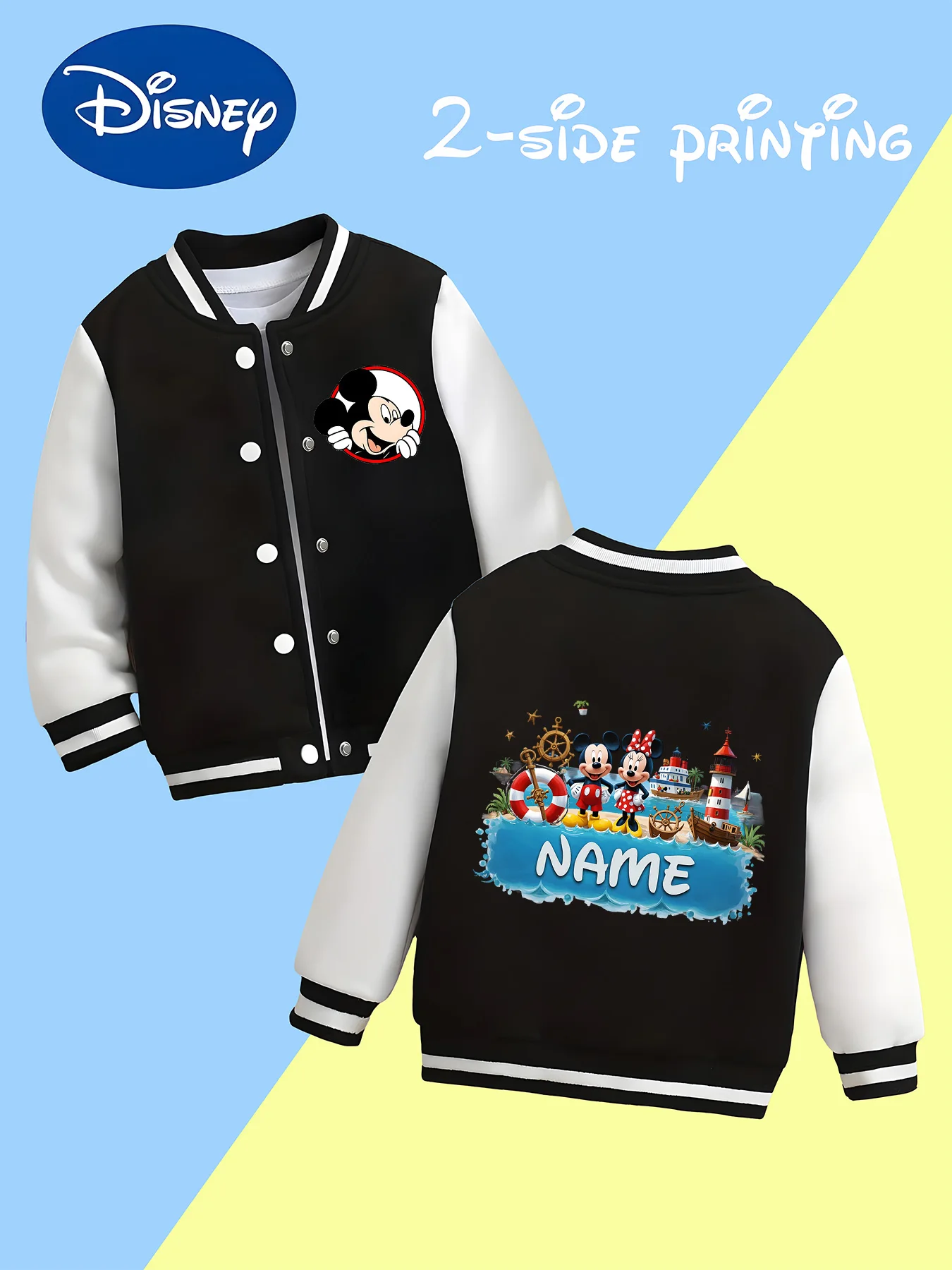 

MINISO Disney Mickey and Minnie Beach Kids Baseball Jacket - Double-sided beach vacation print, perfect for summer travel and ev