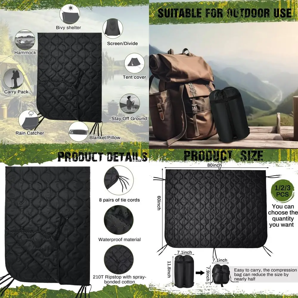 

Military-Grade Waterproof Thermal Poncho Liner, 80x60/92x64 Inches, Camouflage, with Bag, Ideal for Camping, Hiking, and Outdoor