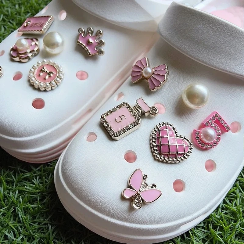 Fashion Pink Shoe Charms Set Creative DIY Shoe Flower Diamond Pearl Rhinestone Detachable Chain Buckle Girls Shoe Decoration