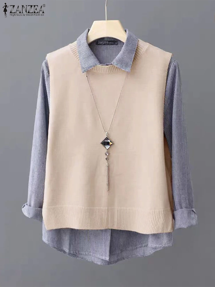 Felpe con cappuccio da donna da ufficio con cuciture a righe ZANZEA Maglioni con colletto con risvolto vintage Camicia a maniche lunghe da vacanza