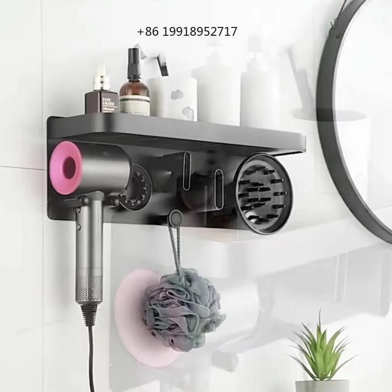 Space Aluminum Hair Dryer Holder Black/Silver Straight Air Duct Hanging Rack Bathroom Shelf Storage Organizing Rack