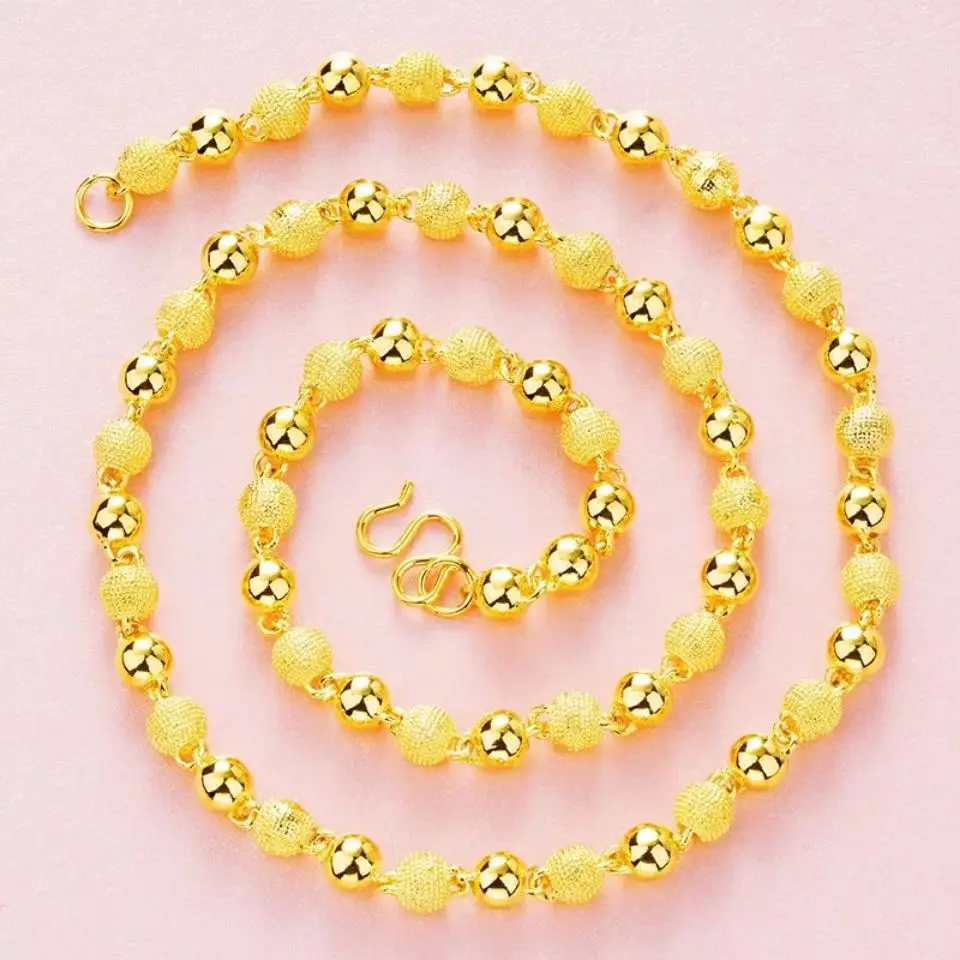 

Unisex 24K Gold (AU999) 6mm Matte Sandblasted Bead Necklace | Liquid metal beads, gold-inlaid clasp with minimalist symbols