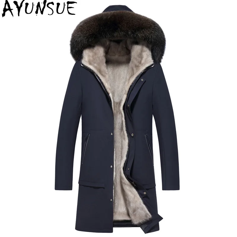 AYUNSUE Men Real Fur Coat Natural Mink Fur Liner Jackets Winter Jackets for Men Clothing Fox Fur Collar Fourrure Véritable Homme