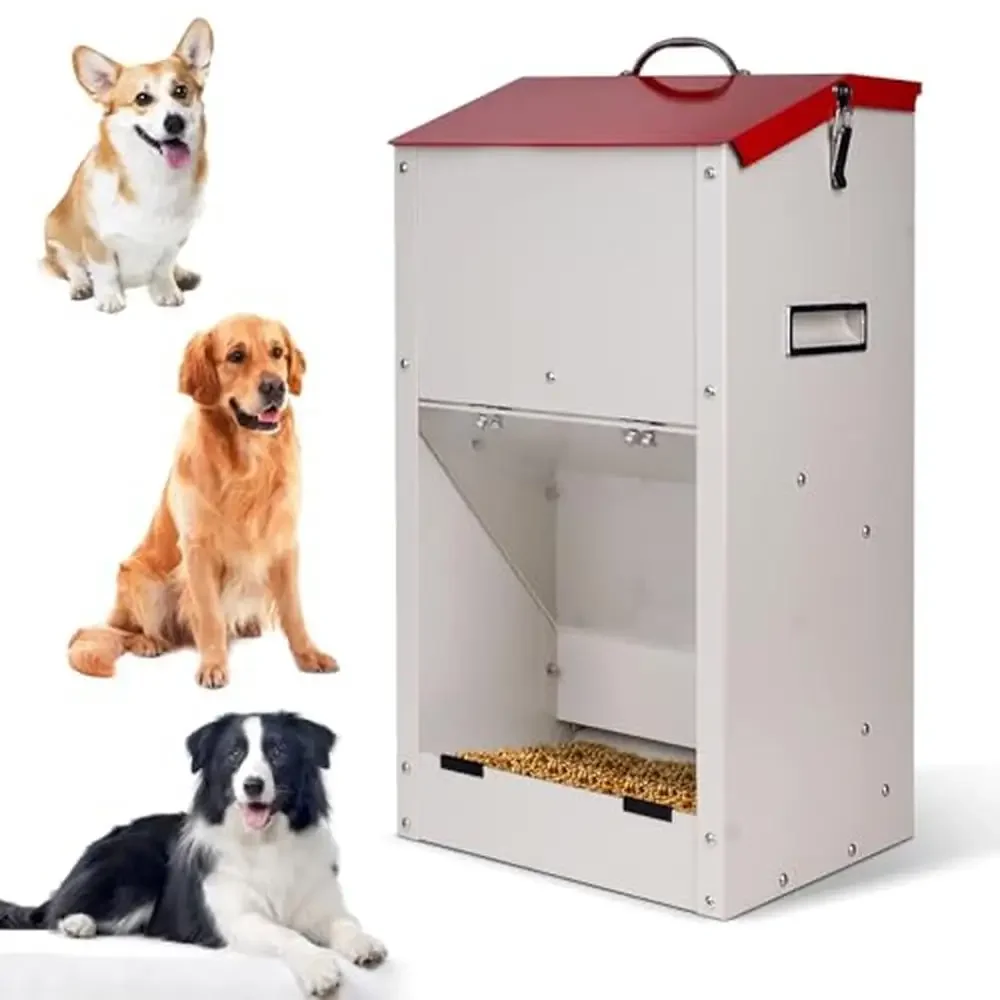 Large Capacity Automatic Dog Feeder Handle Gravity Food Dispenser Container Indoor Outdoor Hanging Design Metal Acrylic Material