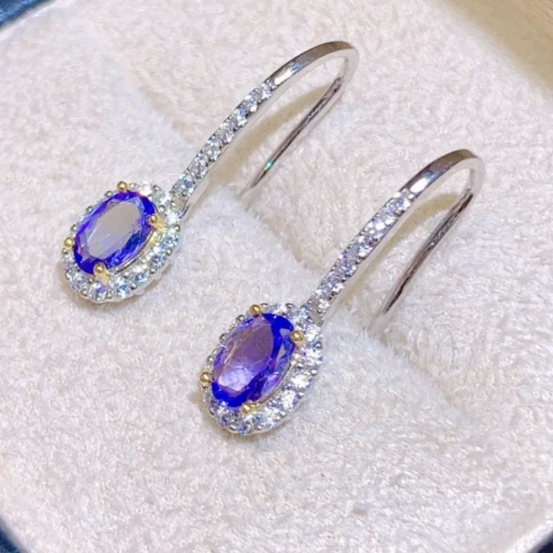 Sterling Silver Tanzanite Dangle Total 1ct 4mm*6mm Natural Tanzanite Jewelry Prevent Allergy 925 Silver Gemstone Earrings