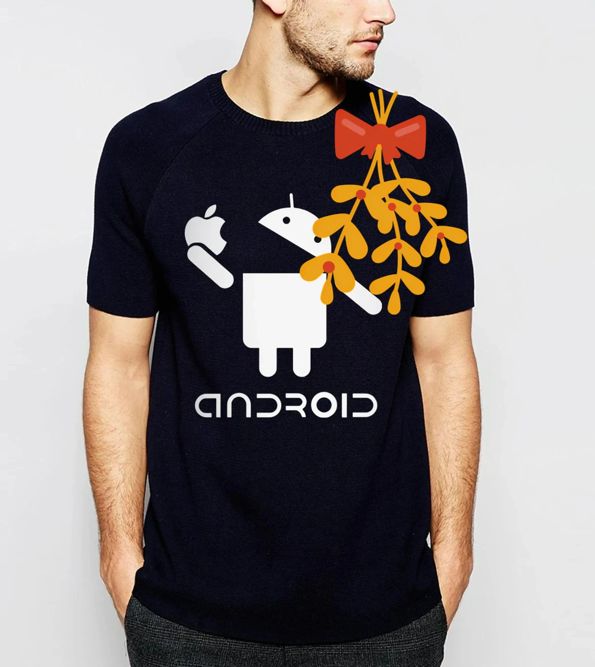 Android Robot Icon Eat Apple Funny Creative Graphic T-Shirt 100% Cotton O-Neck Short Sleeve Casual Mens T-shirt Size S-3XL