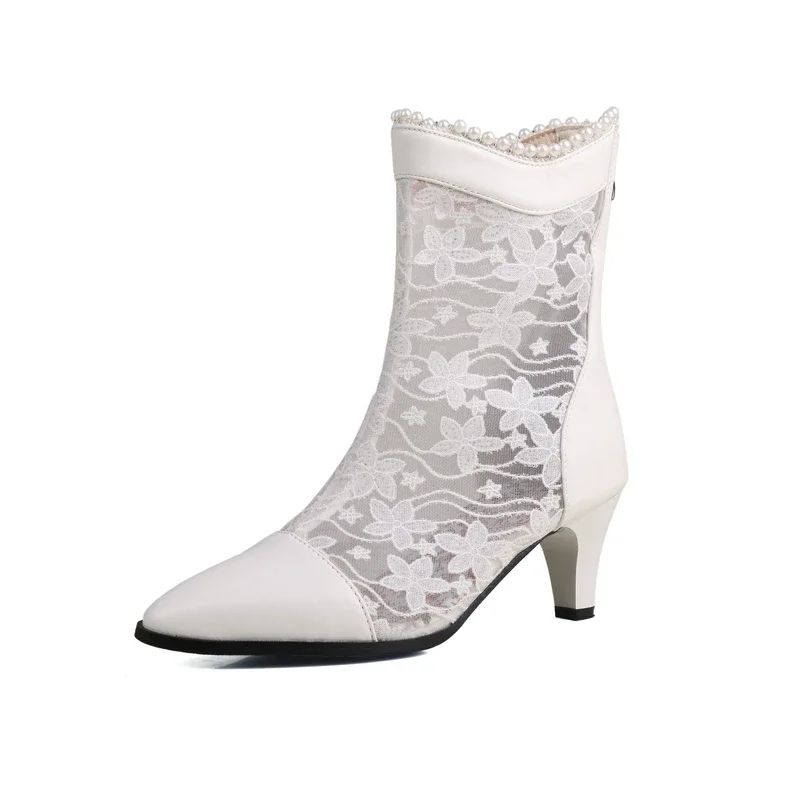 

Sexy Fashion Mesh Summer Boots Women Flower Embroidery Lace Fabric Breathable Net Sexy Spike High Heels Fall Ankle Boots Pearls