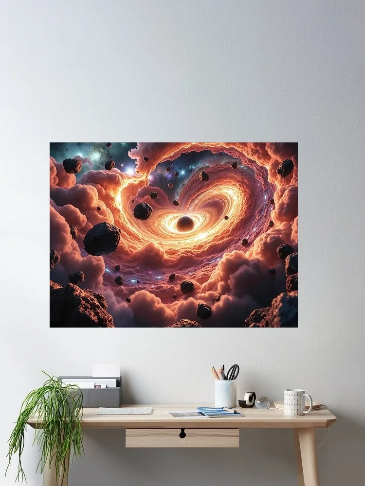 A Warped Swirling Vortex of Fiery Cosmic Clouds and Asteroids, Art Print Canvas Poster, Living Room Decor, Home Wall Picture