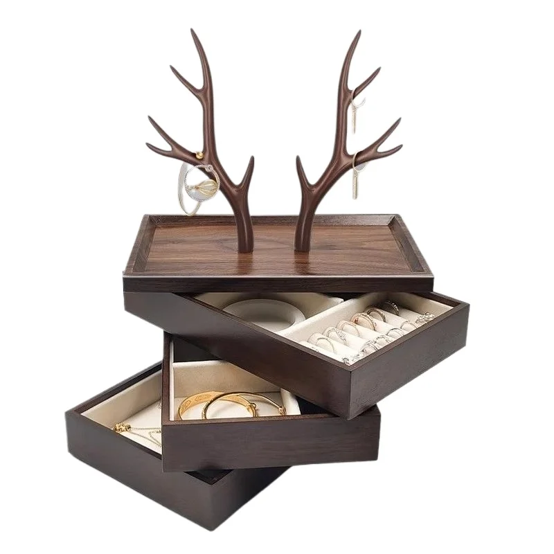 

​Black Walnut Wood Jewelry Organizer, Nordic Makeup Organizer with Deer Antler Hooks Multi-Layer Capacity Desktop Vanity Storage