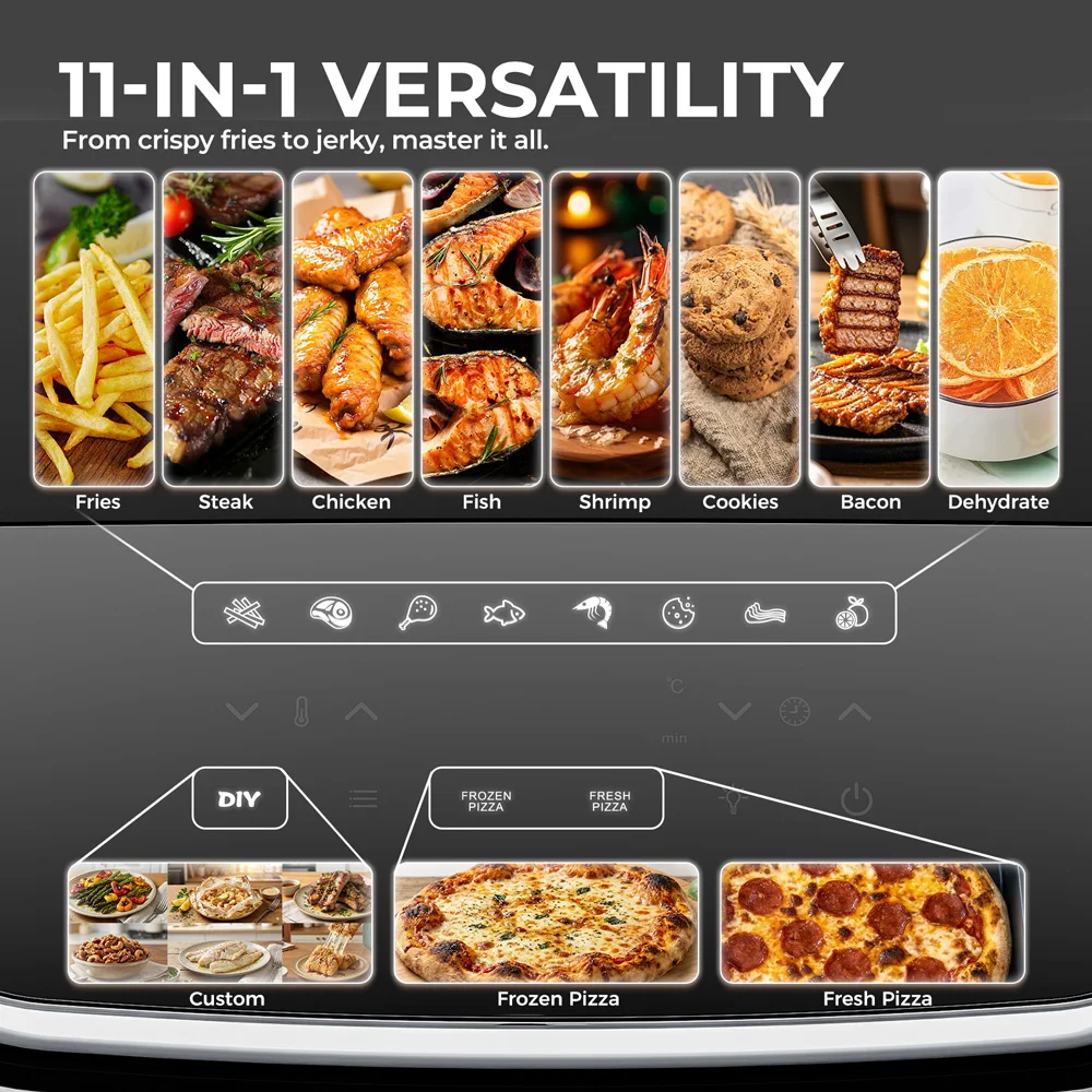 ROUNY 2200W Smart Air Fryer 11-in-1,12 Inch Pizza Oven Dual Heating with Viewing Window, 4.2L XL Capacity, 360° Surround Cooking