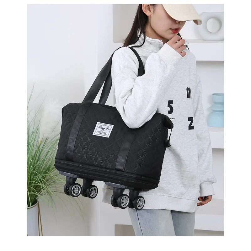 2026 Universal Wheel Travel Large Capacity Dry Wet Separation Rhombus Grid Wheel Expandable Storage Yoga Maternity Fitness Bag