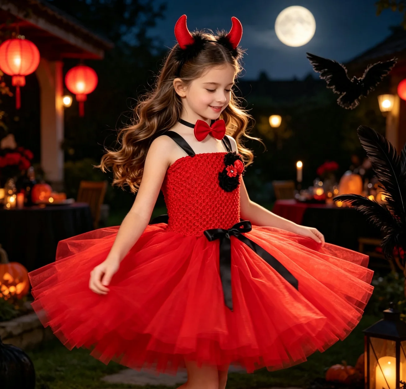 Kid White Red Halloween Angel Devil Tutu Dress With Horns Wings Outfit Children Holiday Stage Performance Party Gothic Style Set