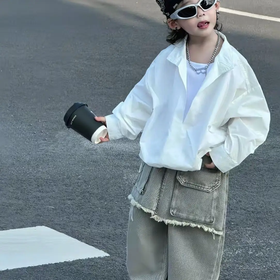 Two-piece Set V-neck Shirt Jacket Retro Jeans Paneling Boys Children Spring Autumn New Korean Loose Casual Fashionable
