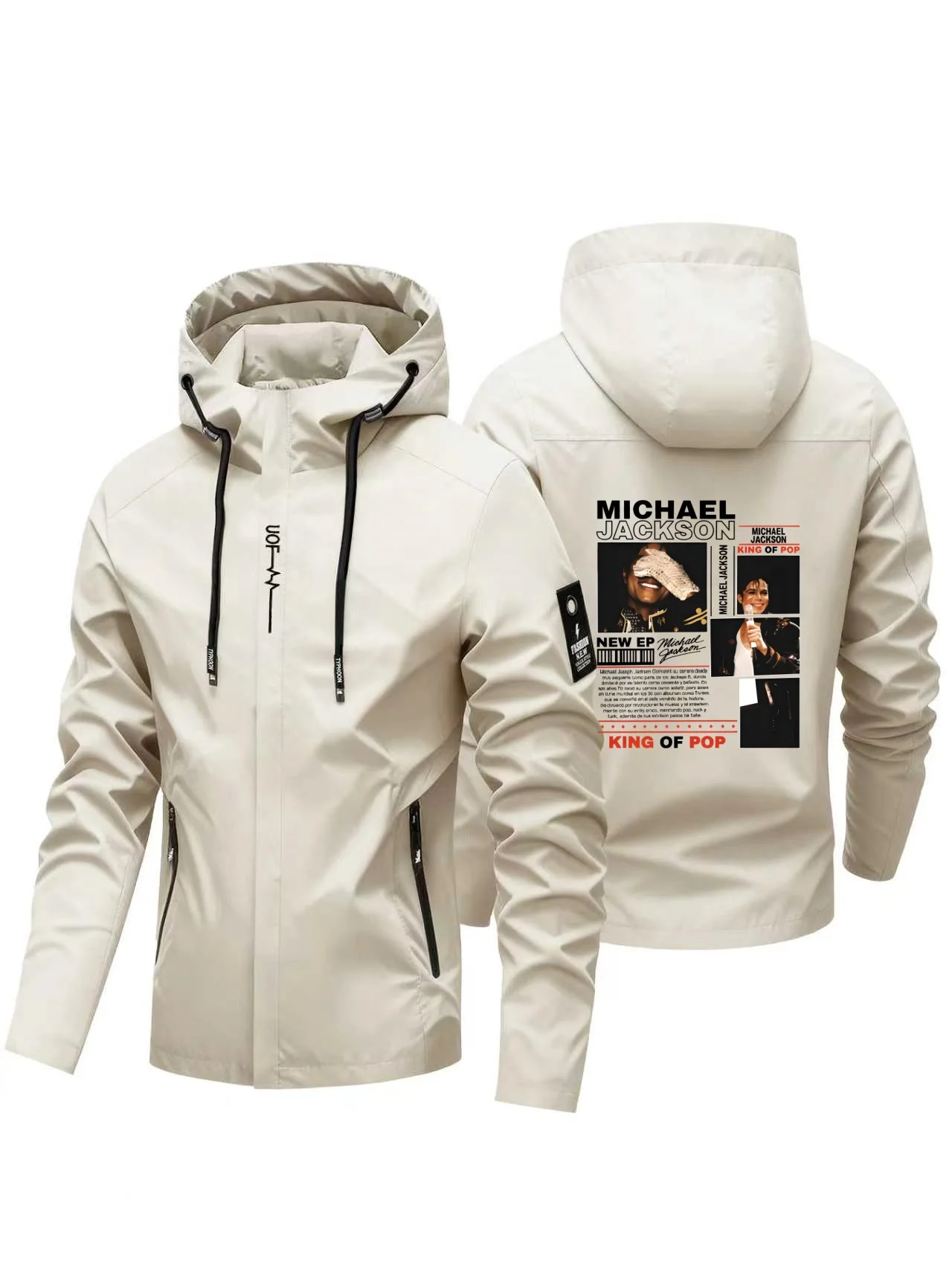 Mens Adjustable Drawstring Hood Windbreaker, Michael Jackson Retro Collage Poster Print Windproof Water Resistant Zipper Outer