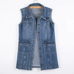 S-6XL Women's Denim Vest Spring Autumn Single Breasted Pockets Mid-Lengrh Jacket Female Sleeveless Jean Outerwear