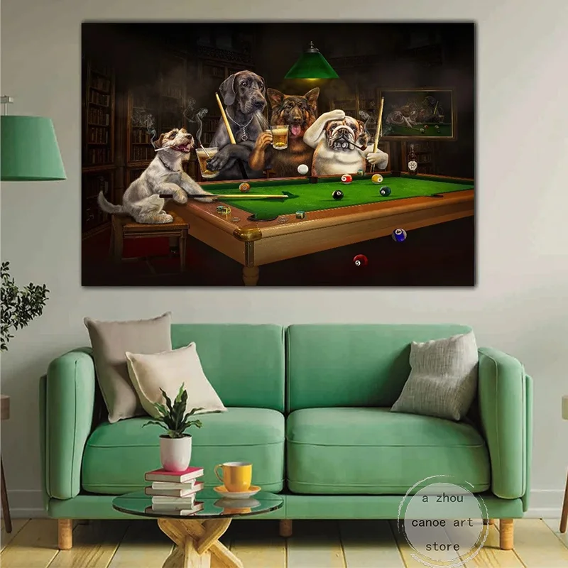 Funny Style Bulldog Dogs Playing Billiard Smoking Cigar Art Poster Canvas Painting Wall Prints Picture Living Room Home Decor