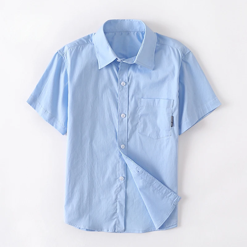 Summer Kids Blue Shirts for Girls School Uniform Blouses for Boy Short Sleeve Preppy Cotton Children Clothes Vestidos 8 10 14 Y