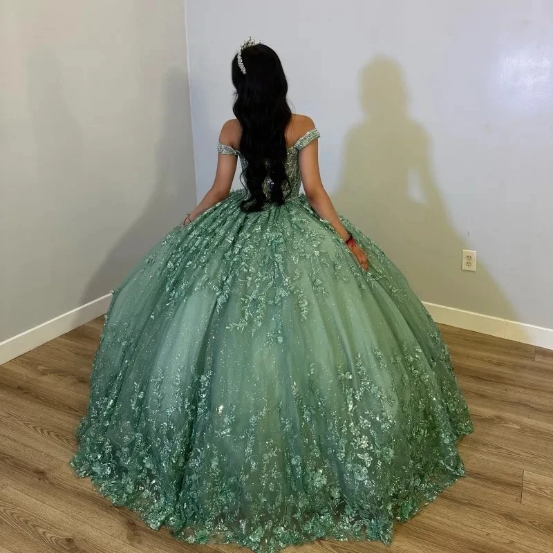 Vestidos de quinceañera verde Charro, vestido de baile sin hombros, encaje de tul mexicano dulce 16, 15 años