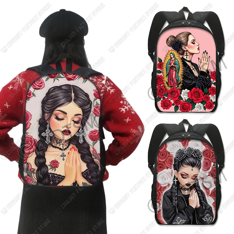 Cartoon Gothic Girl Prayer Print Backpack Christian Prayer Blessing School Bag for Teenager Women Rucksack Laptop Book Bag