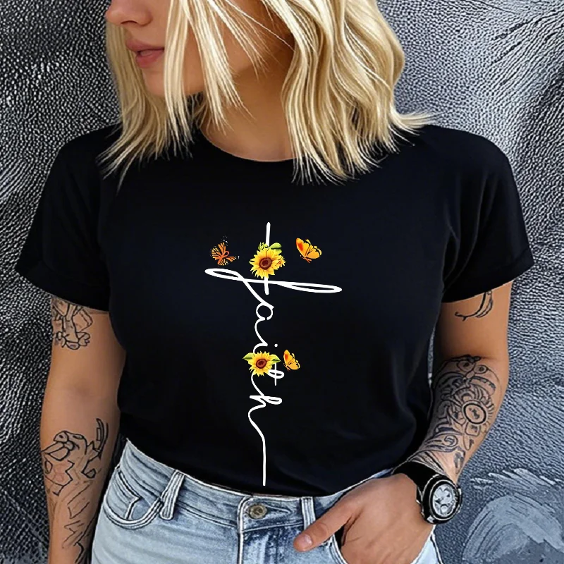 Cotton  100%  Short Sleeve Butterfly Kiss Sunflower Print Women's Round Neck Casual T-shirt Summer Short Sleeve T-shirt Summer