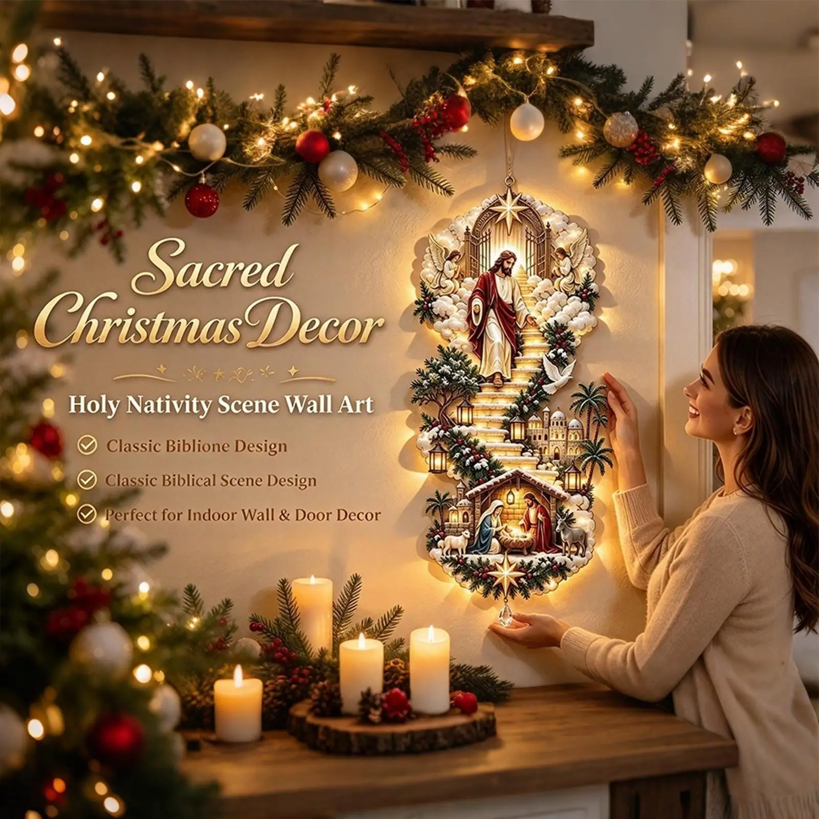 Jesus Christmas Decor 2D Flat Metal Jesus Religious Ornament Nativity Wall Decor Holy Family Scene For Living Room Entryway