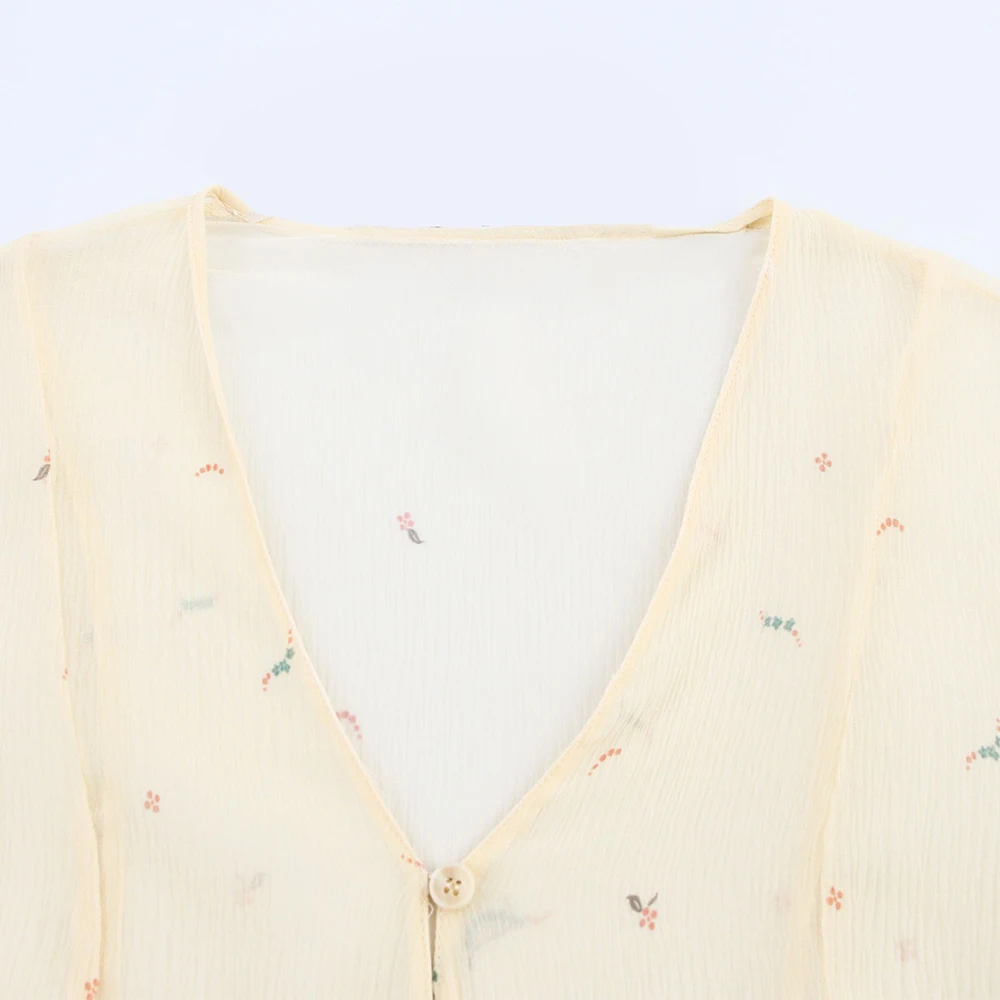 Deeabae Silk Printed Long Sleeve V-Neck Women's Shirt Summer New Arrival French Style Fashionable Top For Ladies