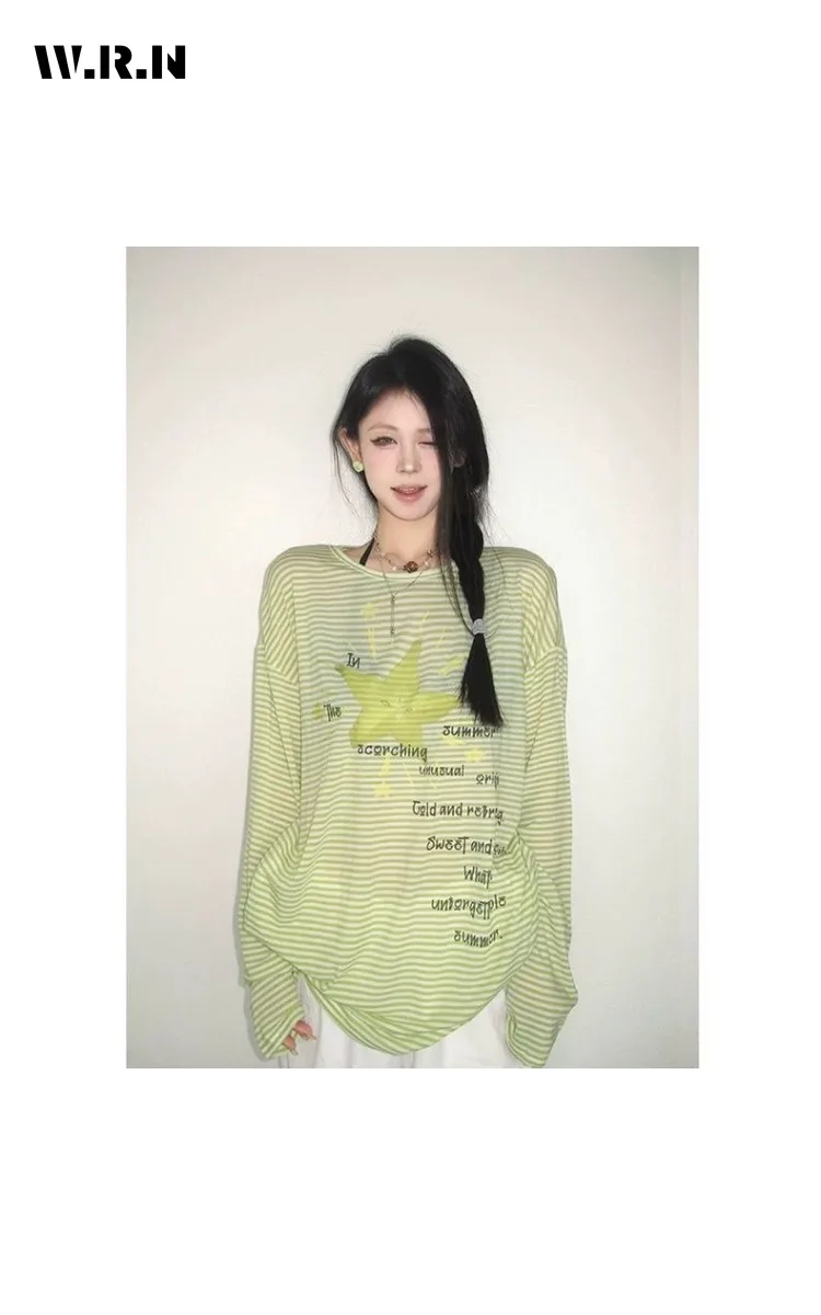

Sweet Casual Style Striped Long Sleeve Round Neck T-Shirts 2025 Winter Women's Fashion Loose Fit Star Print Tees Baggy Tops