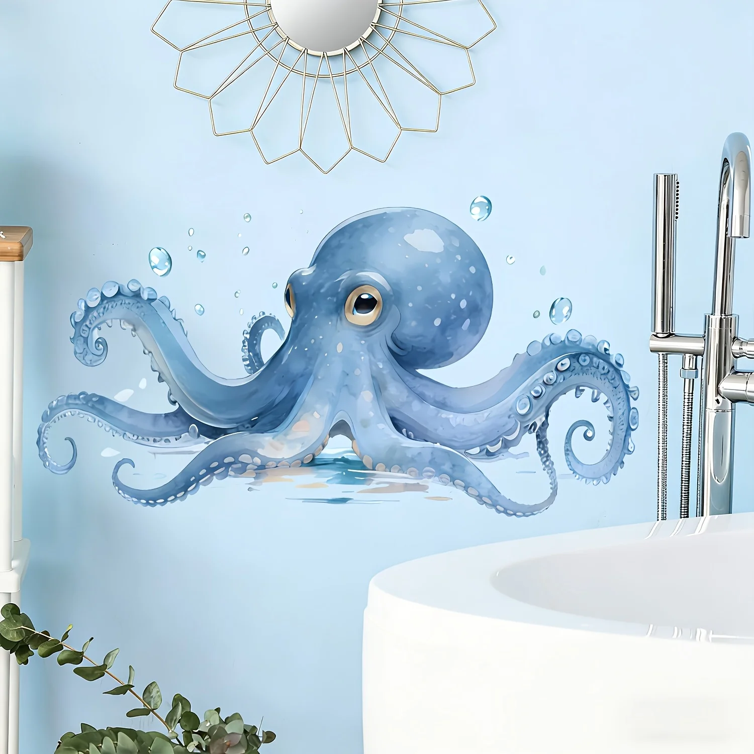2D flat design, 1 piece of ocean octopus self-adhesive wall sticker, suitable for living room, bedroom, shop window, self-adhesi