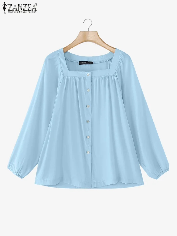 

2025 ZANZEA Women Single Breast Tops Holiday Solid Color Blouse Fashion Summer Long Sleeve Pleating Tunics Casual Loose Blusas
