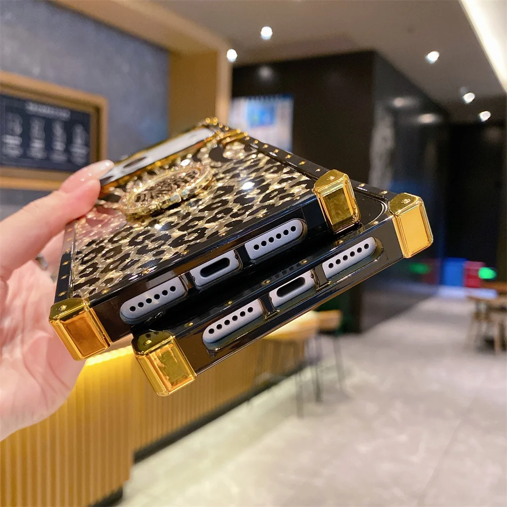 Luxury Leopard Gold Plating Case for iPhone 17 Pro Max/16/15/14/13/12/11/XR/8 Plus Glitter Diamond Ring Stand Cover Funda 17
