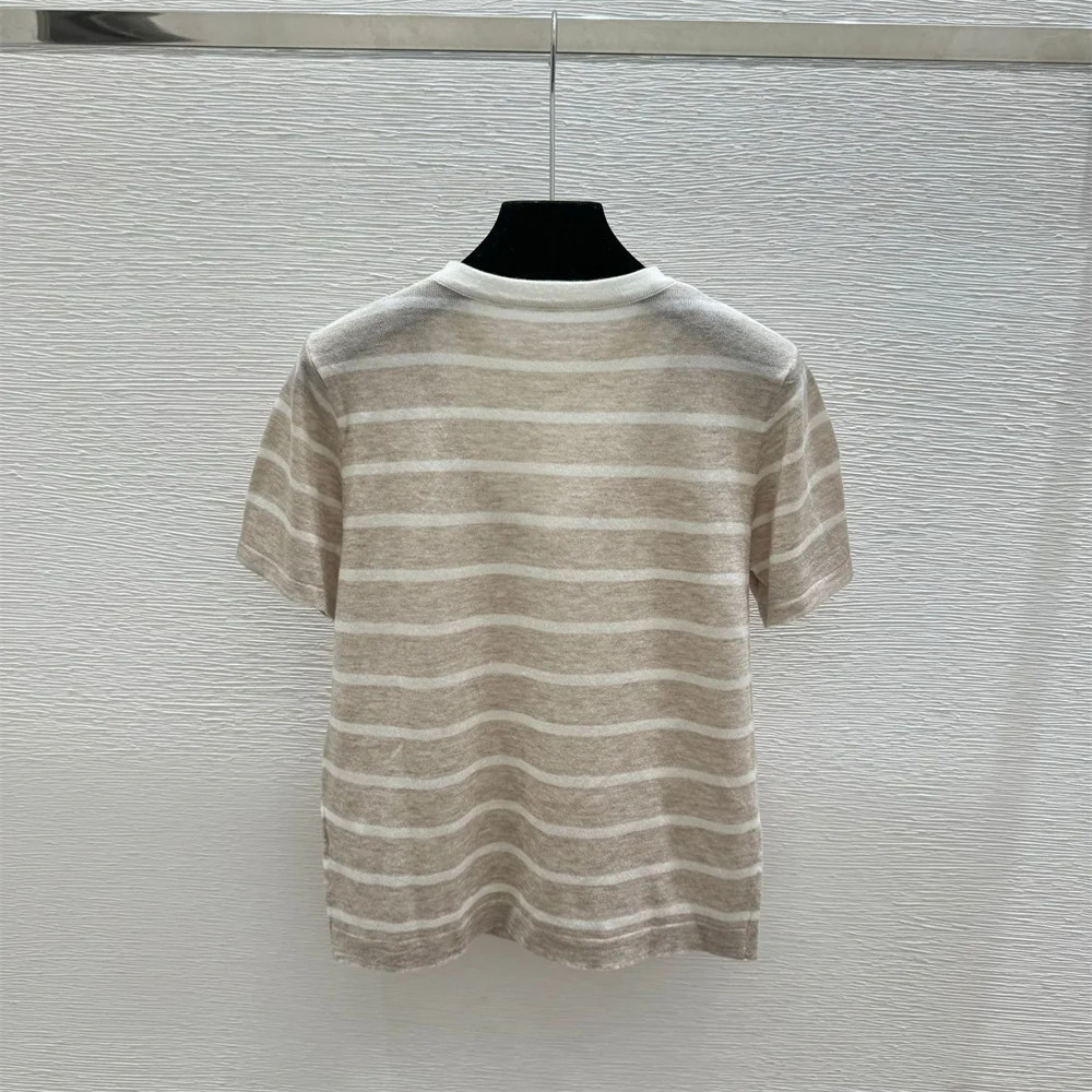 Wool Striped Knit Short-Sleeved T-Shirt Sophisticated Fake Two-Piece Design Unique Versatile Commuting Top for Women.