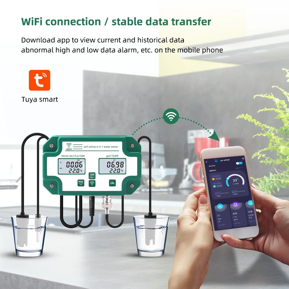 Tuya WiFi 6 في 1 جهاز اختبار جودة المياه الرقمي متعدد الوظائف PH TDS EC S.G SAL محلل مراقبة درجة الحرارة لتربية الأحياء المائية