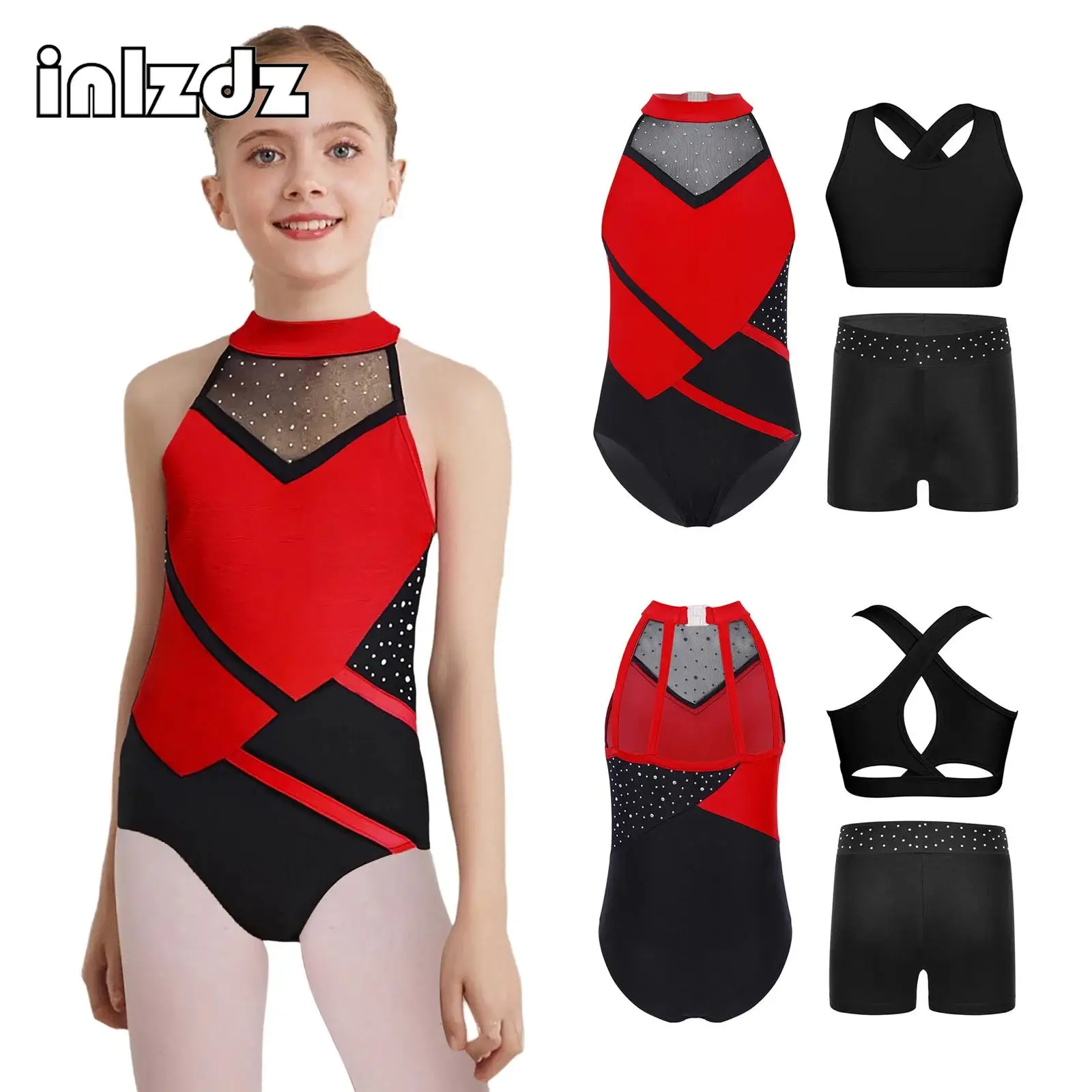 

Children Sleeveless Ballet Dance Outfit Girls Gymnastics Leotard+Cropped Vest+Shorts 3pcs Dacewear Set for Yoga Unitard Jumpsuit