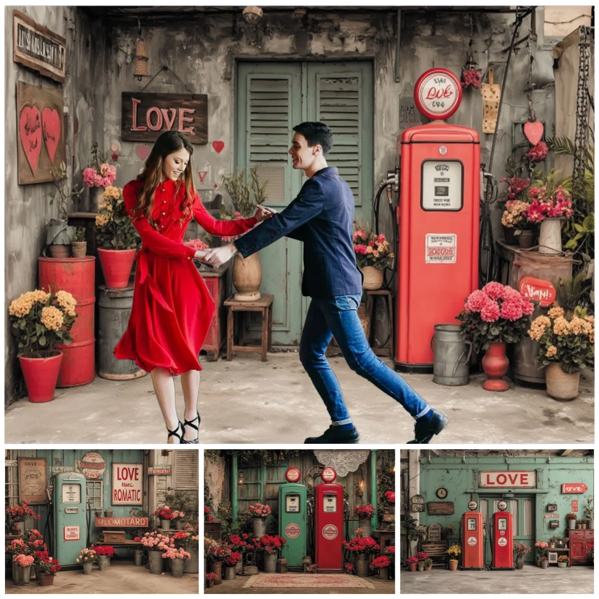 

Valentine's Day Theme Backdrops Retro Gas Station Floral Romantic Roses Decoration Couple Portrait Backgrounds for Photographs