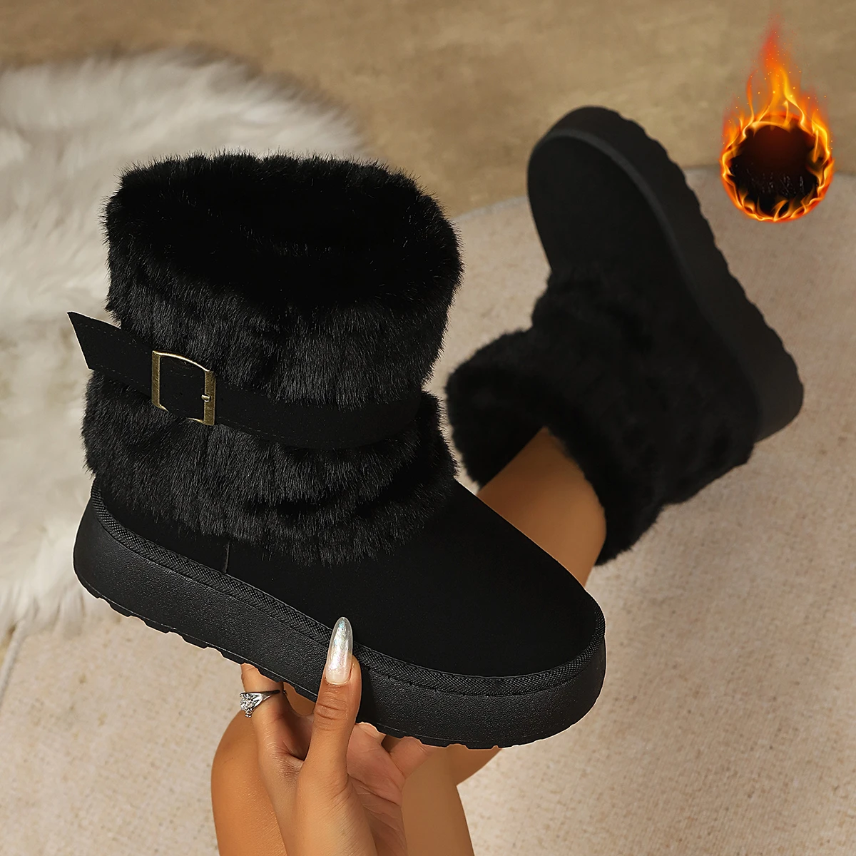 Large Size Women Snow Boots Furry Lined Casual Thick Heel Boots Rubber Outsole Shoes Comfortable Warm Cotton Shoes for Women
