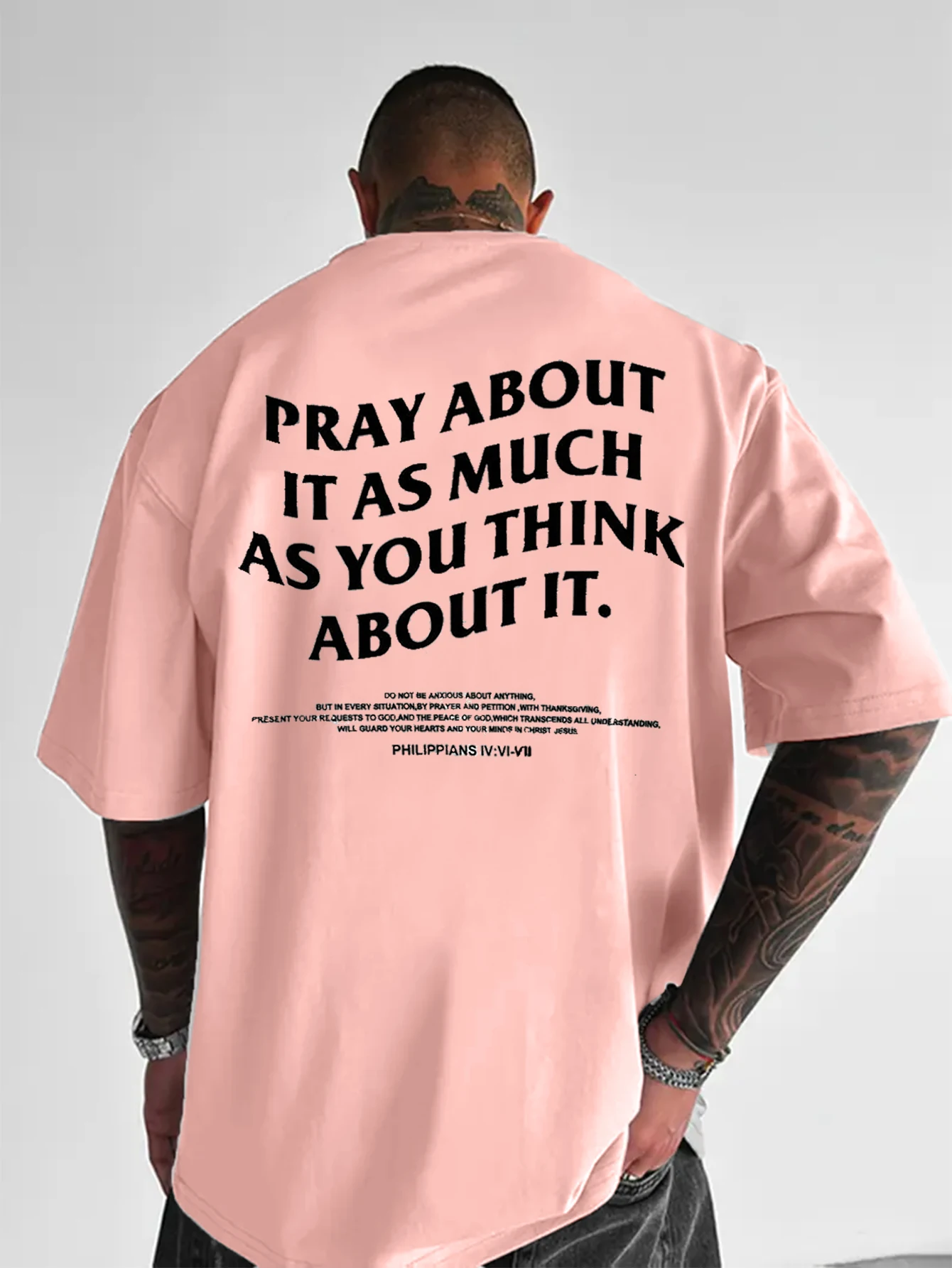 Oversized Men Short Sleeve T-Shirt, Pray About It Letter Back Print Streetwear Casual Crew Neck Summer Graphic Tee