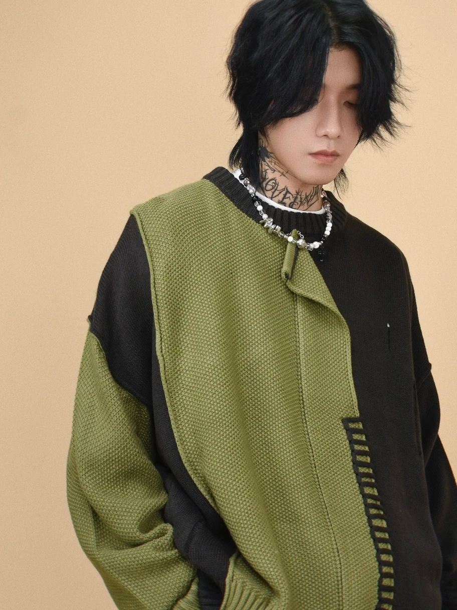 Spring and Autumn New Irregular Black and Green Patchwork Round Neck Sweater American High Street Men's Gray Knitted Sweater