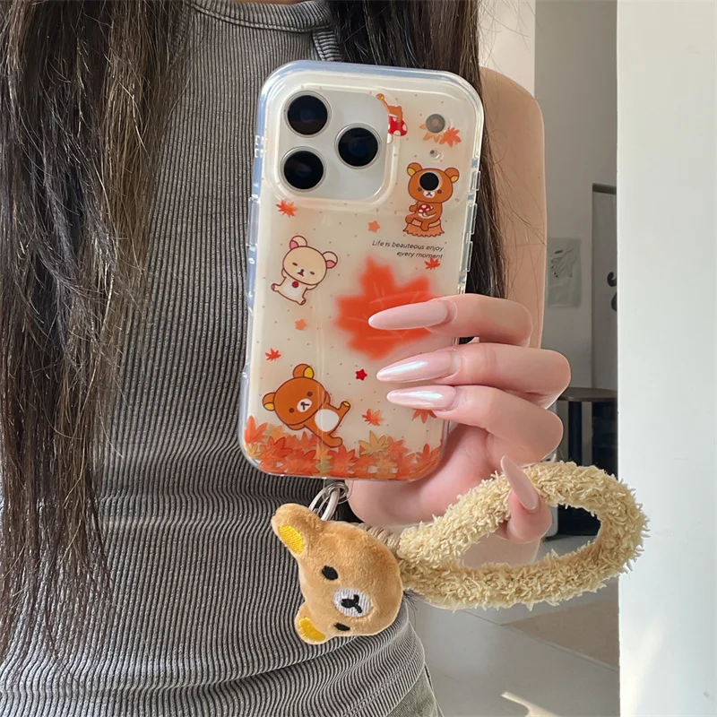 

Kawaii Cartoon Brown Bear Phone Case For iPhone 17 Pro 14 15 16 Pro Max Cover with Plush Chain Strap Shockproof Protective Cases