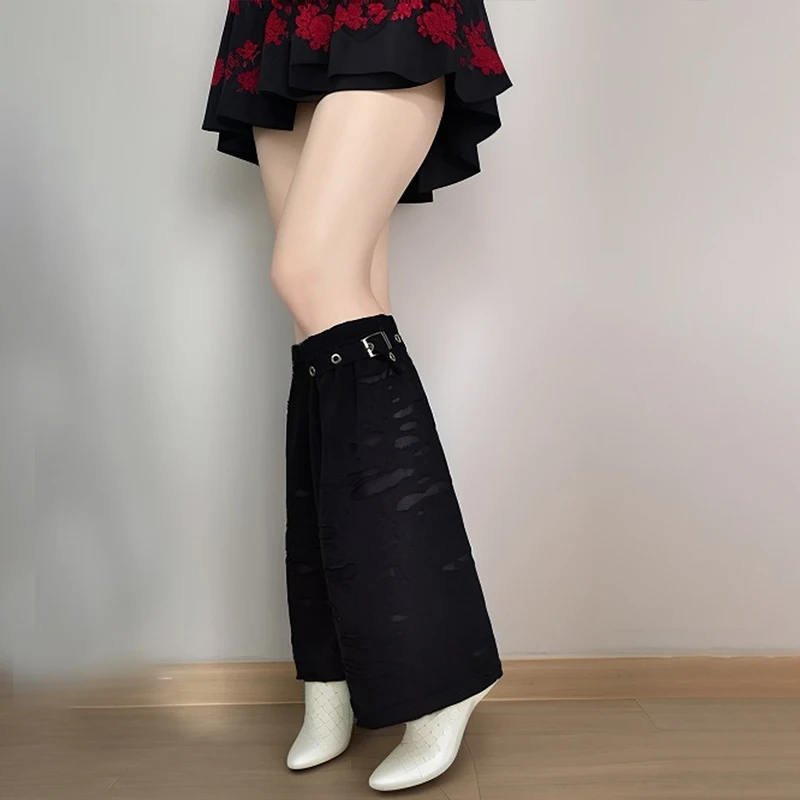 Gothic Socks For Women Broken Fabric Cool Street Leg Warmers With Eyelet Ribbon Flare Slim Black Foot Cover Leggings 2025 Spring