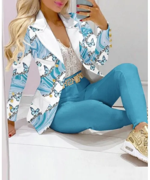 Casual Streep Print Pak Jas Broek Set Kantoor Dame Mode Elegante Lange Mouw Top Broek Tweedelige Set Vrouwen Outfit 2023