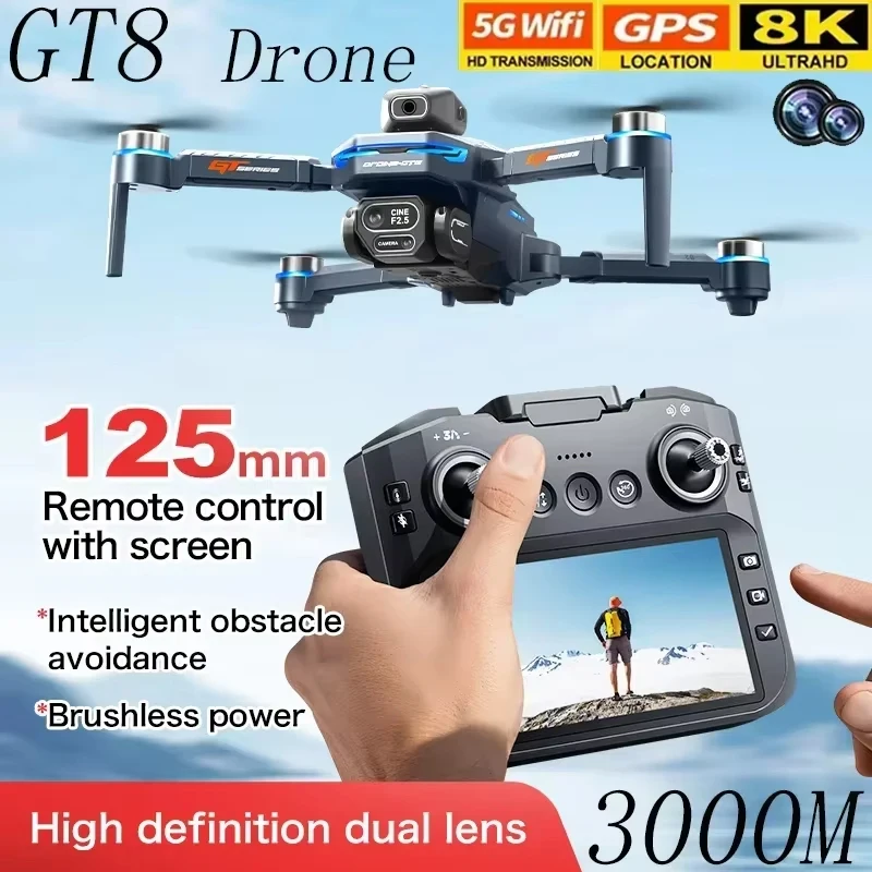 Drone GT8 avec écran 4,3 pouces, évitement d'obstacles, moteur brushless, 2,4 GHz, flux optique, double caméra HD 8K, pliable, quadricoptère FPV