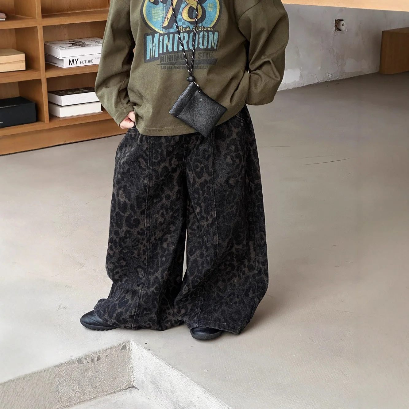 

2025 Autumn Children Boys Leopard Pant American Retro Kids Baby Boys Wide Leg Pants Loose Handsome Toddler Little Boys Trousers