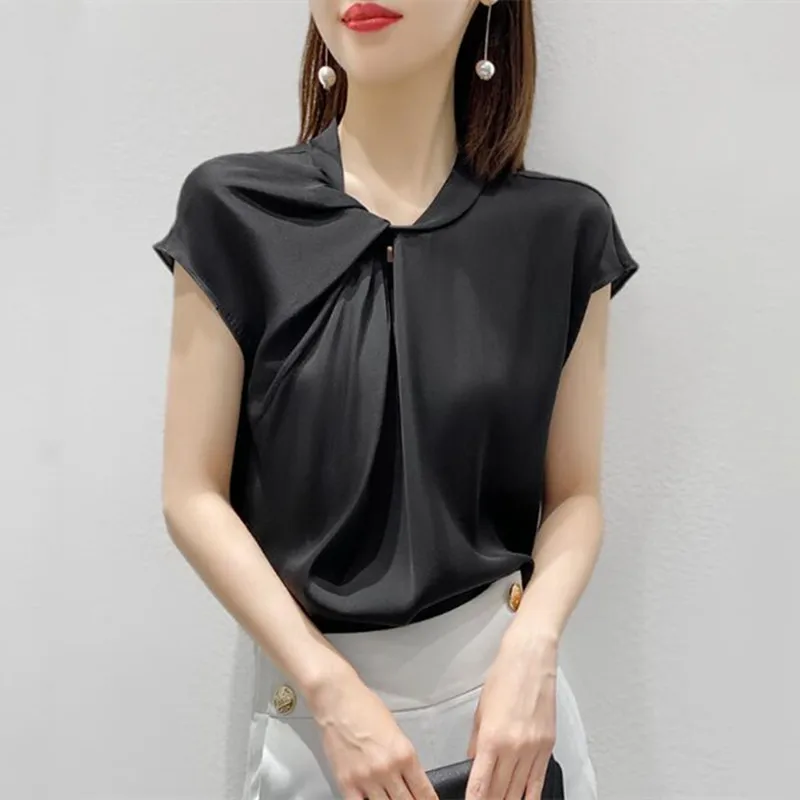 Women Acetate satin shirts,black white elegant wild office lday chiffon blouse artificial silk tops blusas de talla grande