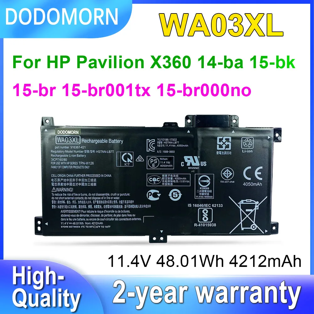 DODOMORN WA03XL Laptop Battery For HP Pavilion X360 14-ba 15-bk 15-br 15-br001tx 15-br000no 15-br000ur 15-br016na 11.4V 4212mAh