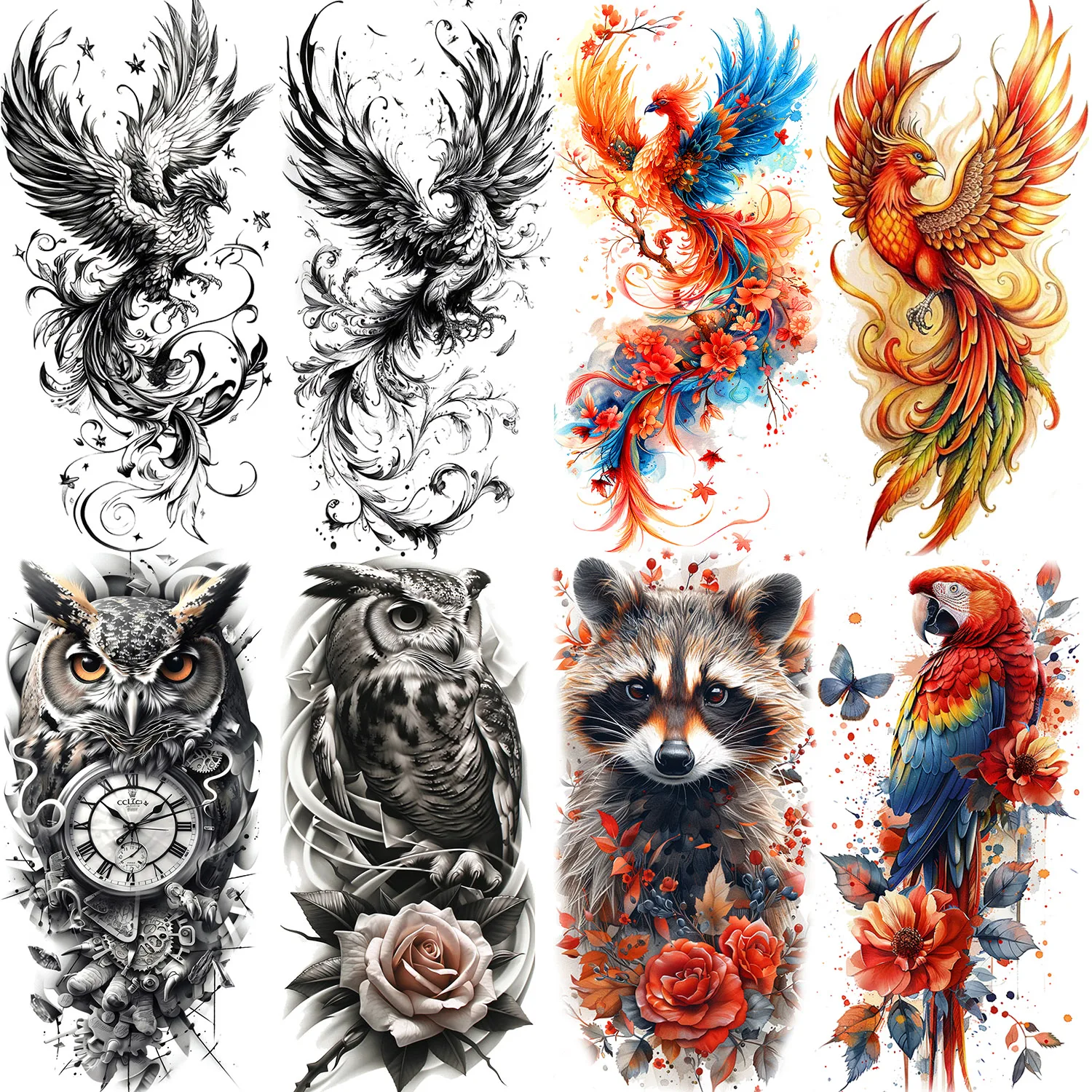 

1 Sheet Flying Phoenix Temporary Tattoos For Women Girls Realistic Raccoon Owl Tatoos Waterproof Fake Tattoo Stickers Last Long