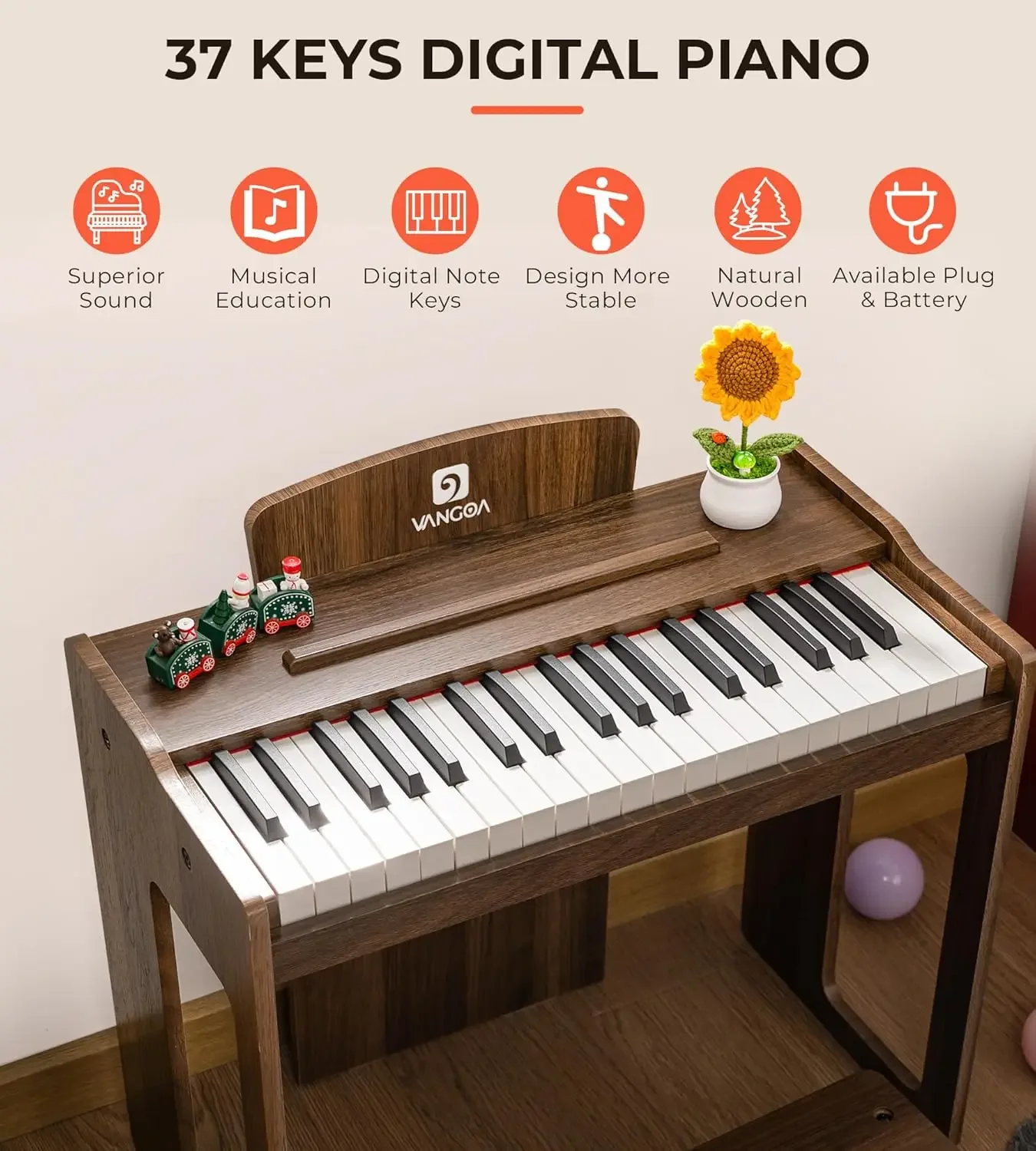 Kids Piano Keyboard, 37 Keys Digital Piano for Kids, Music Educational Instrument Toy, Wood Piano for Girls and Boys